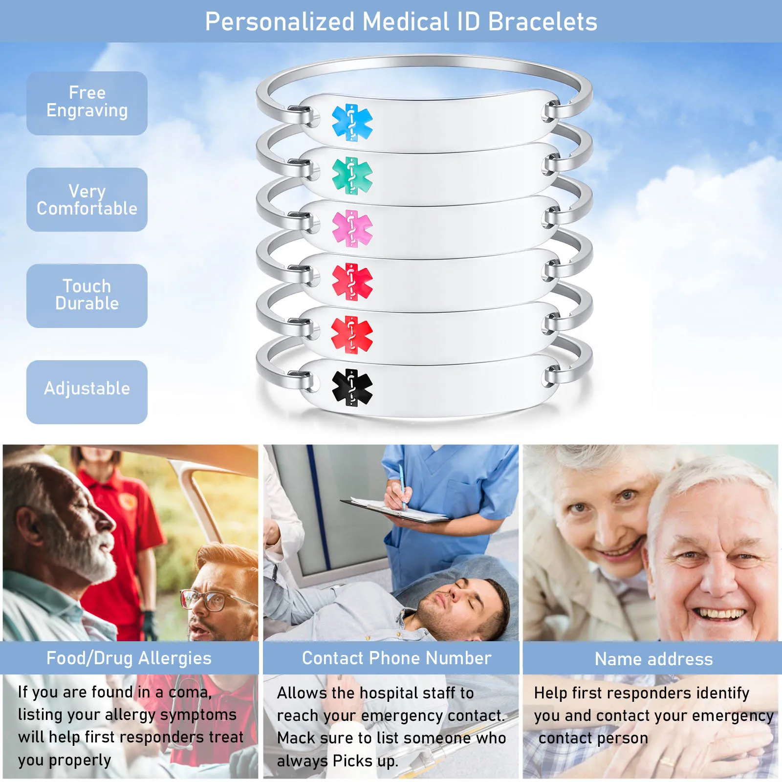 Medical ID Bracelet For Women - Stainless Steel & Leather, Free Engraving, Custom Emergency Alert Jewelry