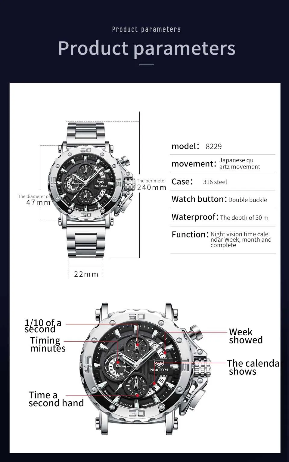 2021 Men Casual Sport Watches Stainless Steel Waterproof Chronograph Clock Top Brand Business Men Wristwatch Gift for Men