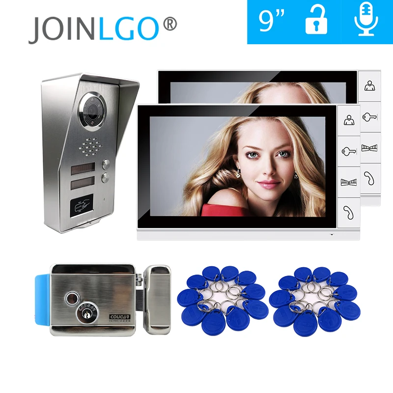 

FREE SHIPPING 9" LCD Video Door Phone Intercom System 2 Screens RFID Access Unlock Camera for 2 Apartments Mechanical E-Lock