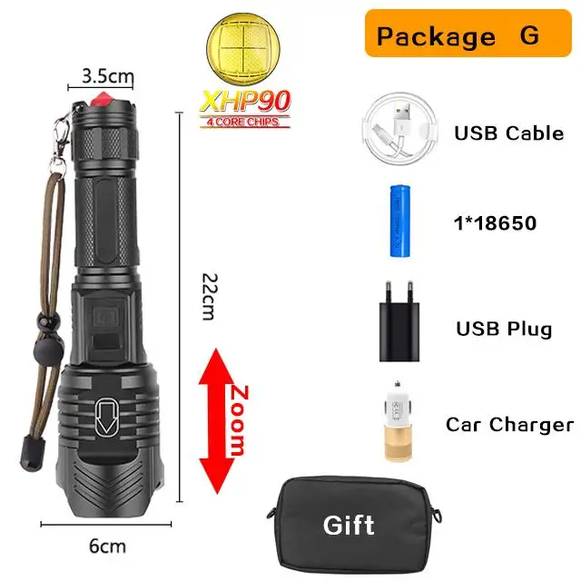 Светодиодный фонарь XHP90 с высоким люменом, тактический фонарь с приближением, с цифровым дисплеем, водонепроницаемая сумка в подарок, батарея 26650 - Испускаемый цвет: Package G