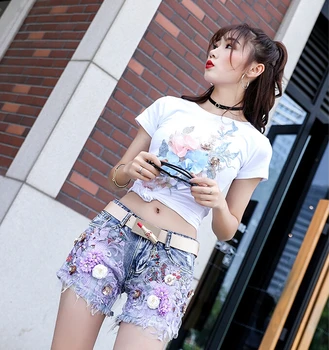 

Womail Korean Fashion Shorts Women's Casual flower embroidery Jeans Female loose Shorts Wide-legged sequins Jeans TB3126