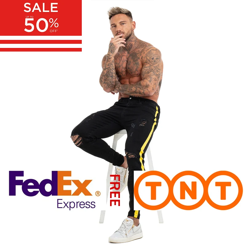 Skinny Jeans Men Yellow Stripe Mens Skinny Biker Jeans Denim Super Spray on Factory Direct Supply Dropshipping Big Size zm68