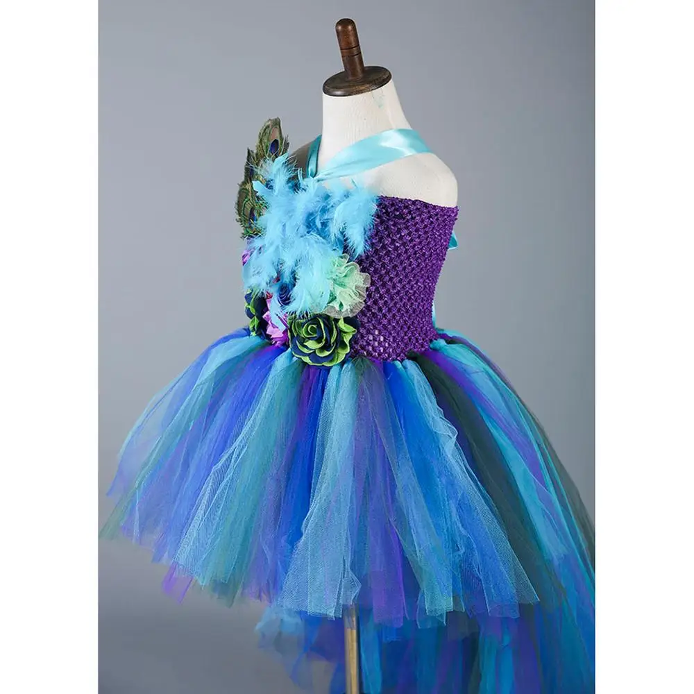 Elegant Princess Peacock Feather Dress for Girls Tutu Dress Long Tail Girls Party Dress Kids Flower Christmas Dress Girl Clothes