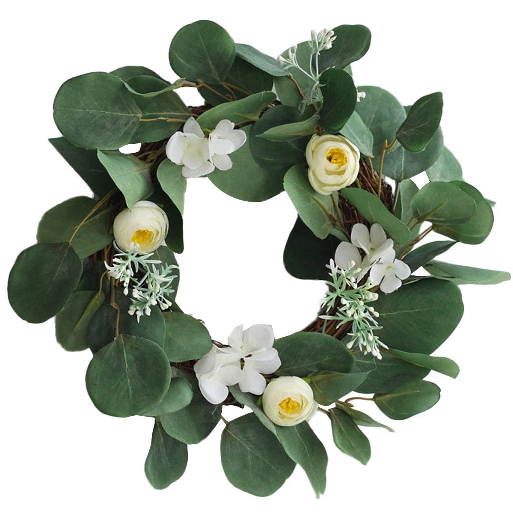13.8 Inch Succulent Vine Wreath with White Flowers Arrangement for Front Door Home Office Real Twig Based Back