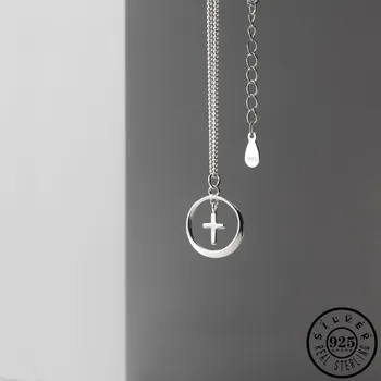 

925 Sterling Silver Small Crucifix Cross Pendant Necklace Statement Round Shape Collares Necklaces Fine Jewelry for Women