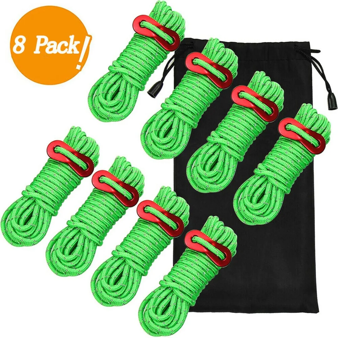 

8pcs Outdoor Camping Tent Guy Rope Reflective Cord Line With Runners Guide Suitable For Most Camping Tents