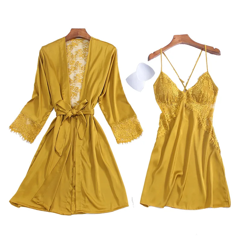 

2020 Women Silk Nightgowns Spring Summer Homewear Sexy Lace Robe with Chest Pad Sleepshirts Backless Hollow 2-piece Pajamas Set