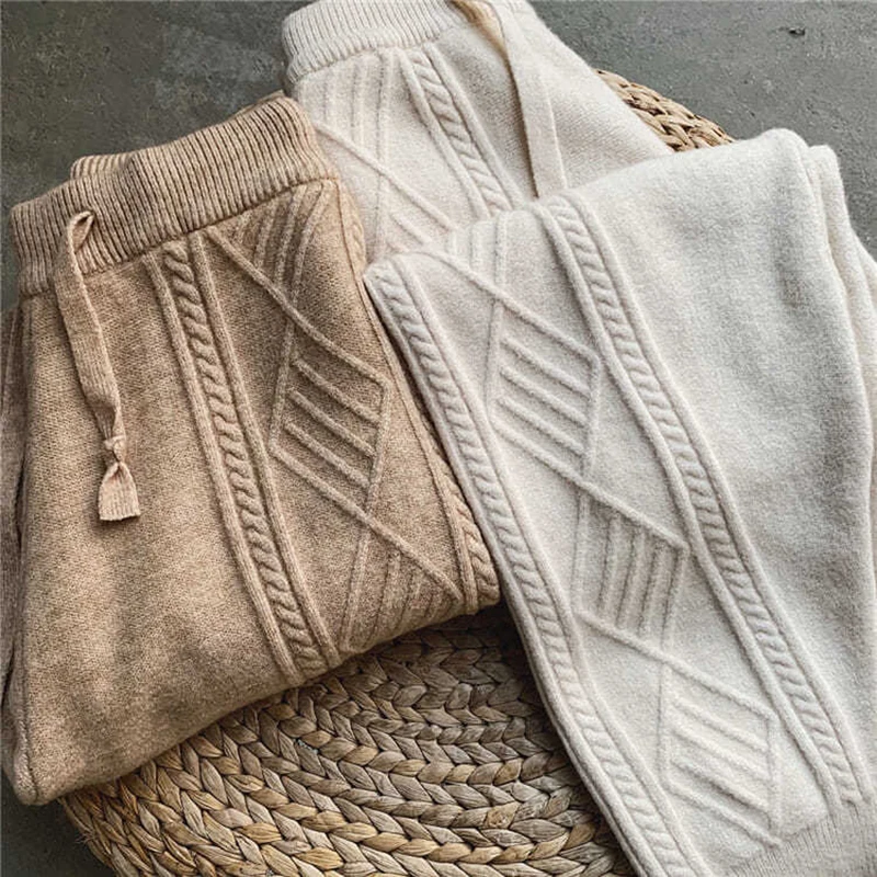 Winter Warm Knitted pants Women's Casual High waist Thick Chic Harem Ankle-Length pants Korean Loose Sweater Trousers 2021 New 1