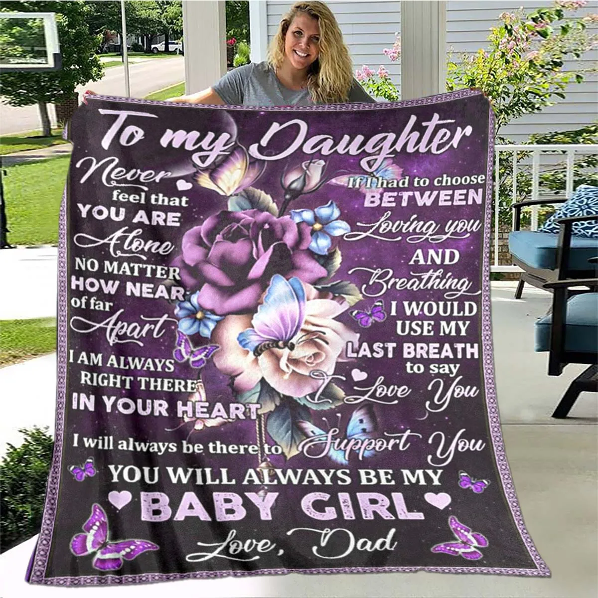 To My Daughter From Dad Purple Butterfly And Flowers Daughter Gift Blanket 