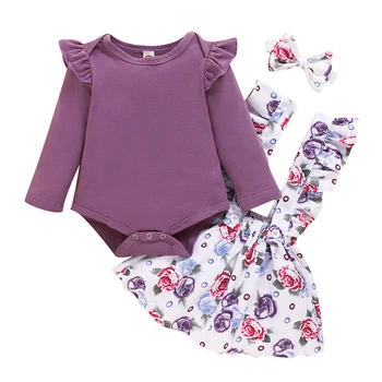 

Purple Toddler Girls Outfits 3pcs Baby Romper Clothes Set Jumpsuit + printed Strap Skirt + printed Headband for 3-18M baby girls
