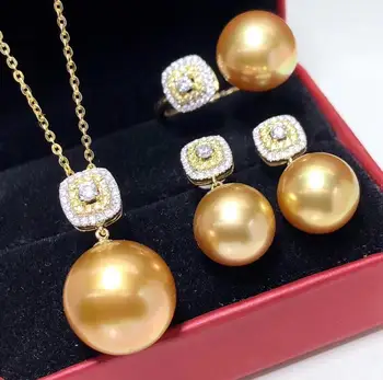 

D123 Fine Jewelry 18K Gold Natural Ocean Sea Golden Pearls 10-13mm Female's Jewelry Sets for Women FIne Jewelry Sets