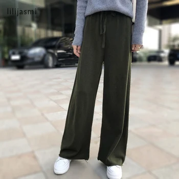 

Spring Women 100% Wool Light Thin Knit Loose Pants Slim Look All-match Long Trousers Wide Leg Pants Soft Finewool Casual