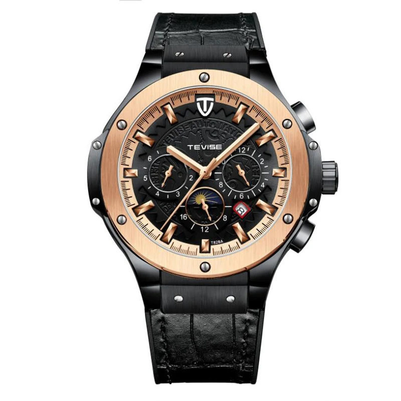 New Fashion Luxury Brand Sports Men Black Rose Gold Watches Men's Military Waterproof Leather Automatic Mechanical Watch Male