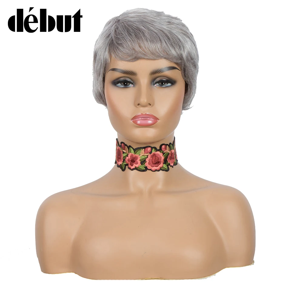 Perucas de Cabelo Peruanas em Linha Debubt Cinza Humano Pixie Corte Curto Bonito Perucas Reta Bob 100% Cabelo Barato Remy Preto Completo 1 Apliques e perucas