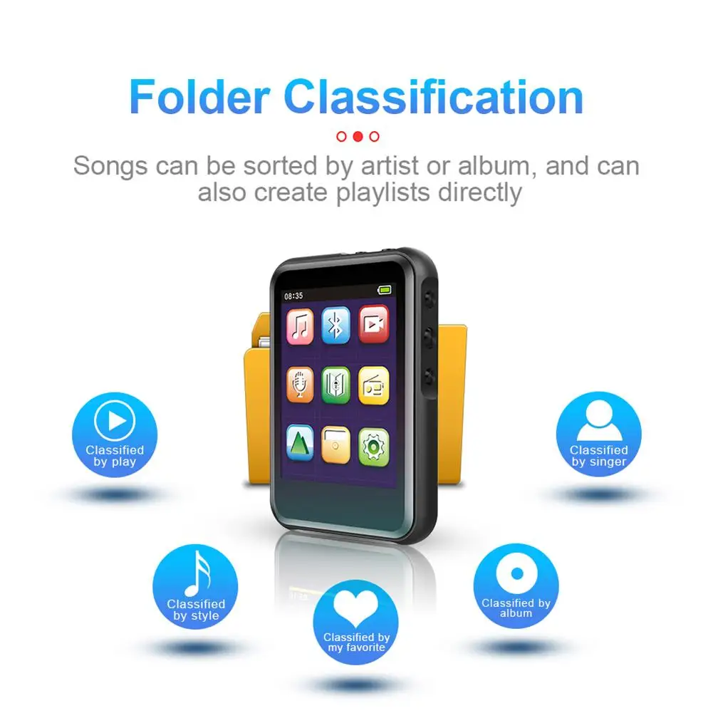 MP4 Bluetooth Player Full Screen Touch Super Thin Mini HiFi Walkman Long Standby Voice Recording 16GB MP4 Support FM Video Play