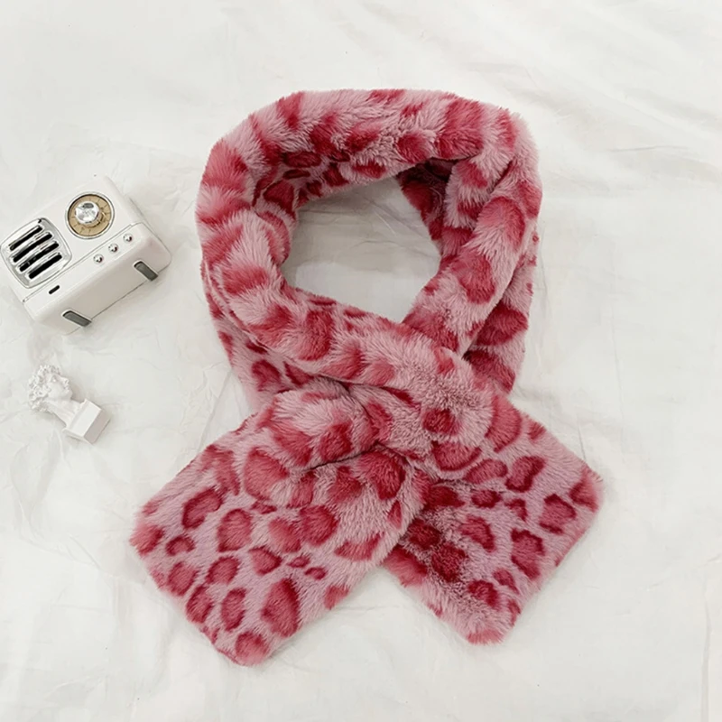 Women Pink Leopard Print Cross Loophole Collar Scarf Harajuku Winter Furry Plush Neckerchief Thermal Neck Warmer Wrap