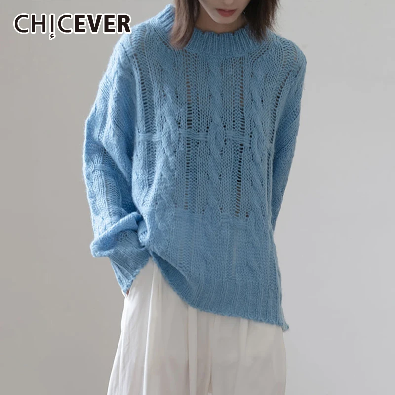 

CHICEVER Casual Hollow Out Women Sweaters O Neck Lantern Sleeve Oversize Sweater For Female 2019 Autumn Fashion New Clothes