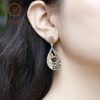 

GEM'S BALLET Natural Smoky Quartz Drop Earrings 925 Sterling Silver Bee Honeycomb Secret Garden Earrings for Women Fine Jewelry