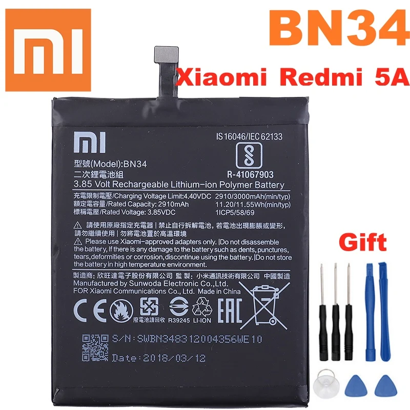 Xiao mi 100% оригинальный аккумулятор BN34 3000 мАч для Xiaomi Redmi 5A 5 0 &quotBN34 высокое качество сменные батареи
