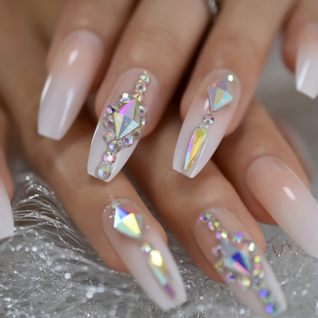Luxury Strass Fake Nails AB Rhinestone Decorative Extra Long Ballerina White Full Cover Artificial Tips Natural 24