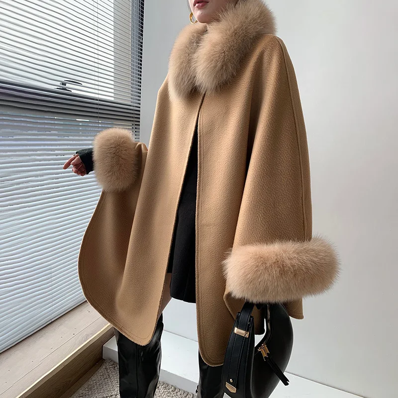 2021 New Arrivals Women Cape Fashion Cashmere Wool Poncho Lady Real Fox Fur Cloak Streetwear Shawls S3670