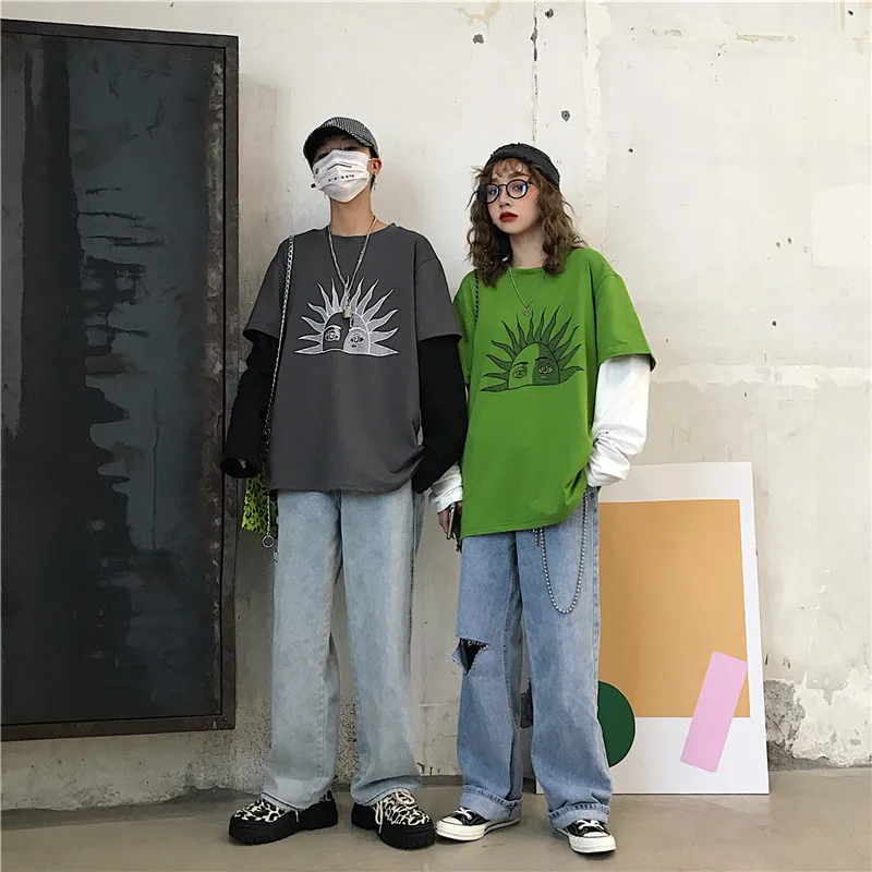 Lychee Harajuku Лоскутная Женская футболка с принтом солнцезащитных глаз, топы, футболки, поддельные 2 штуки, женские футболки с длинным рукавом, свободные женские футболки