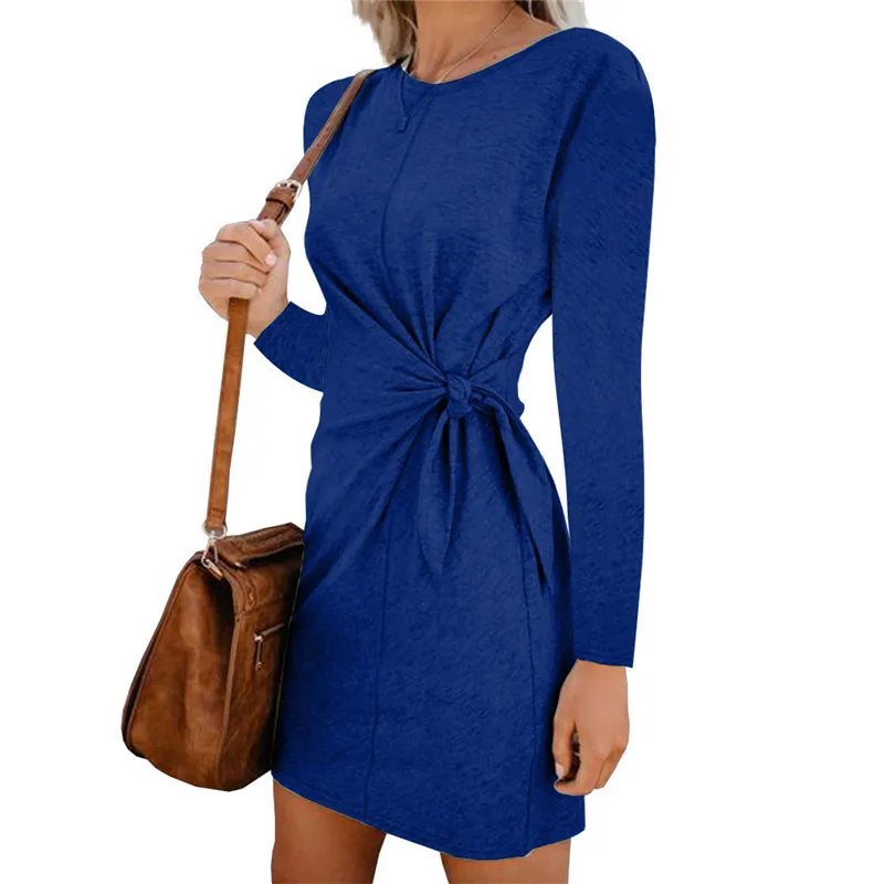 Осенне-летнее женское платье с длинным коротким рукавом, тонкое Повседневное платье для женщин, модное однотонное черное винтажное офисное платье мини для девушек DR1296 - Цвет: blue long sleeve