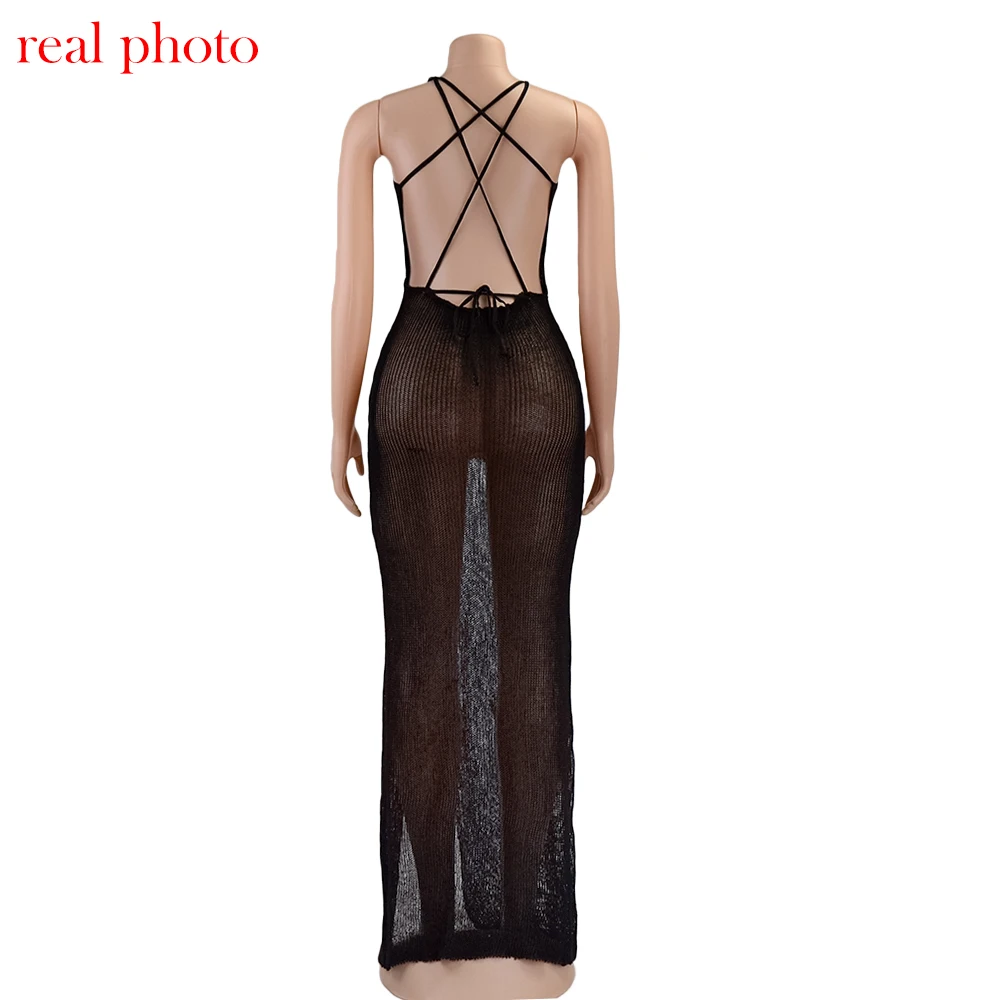 Cryptographic Crochet Beach Maxi Dress for Women See Through Sexy Plunge Backless Bandage Sleeveless Lacing Split Long Dresses