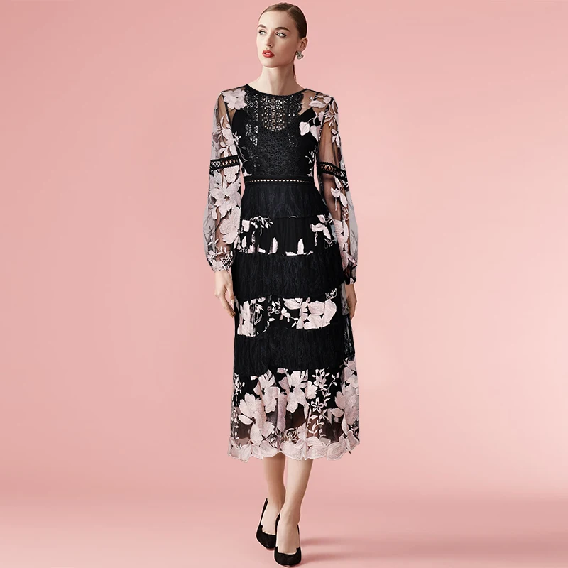 

Gedivoen Spring Summer Cutout Lantern Sleeve Dress Women Mesh Embroidery Black Vintage Elegant Party Dress