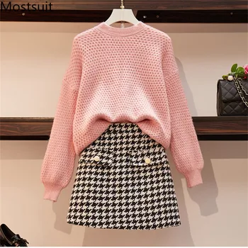 

2019 Winter Fashion 2 Piece Skirt Suits Sets Women Knitted Sweater Pullover + Houndstooth A-line Mini Skirt Korean Ladies Suits