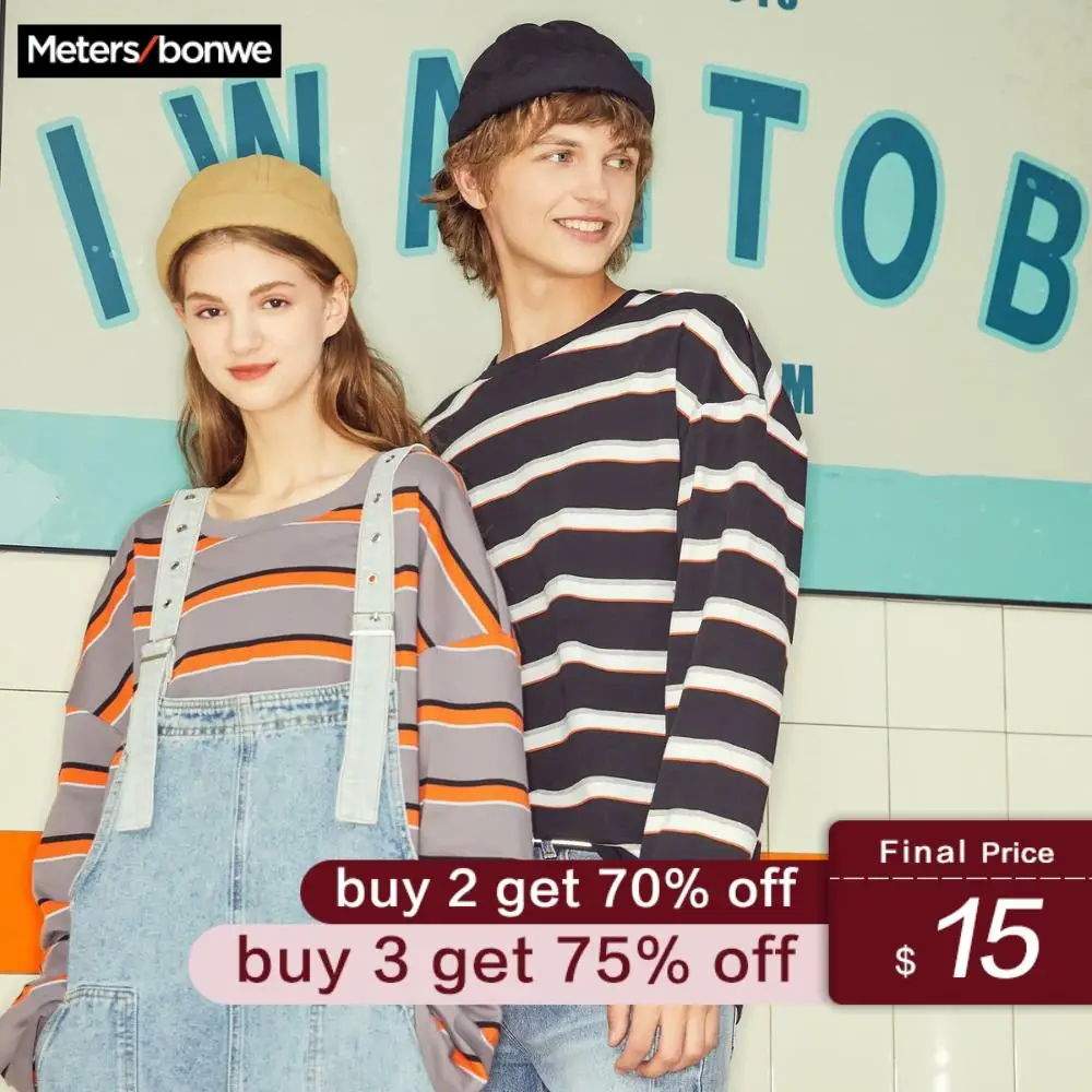 

Metersbonwe 2020 New Spring Long sleeve T-shirt For Couples Loose stripe Hit color Fashion Women Men Leisure T-shirt Oversize