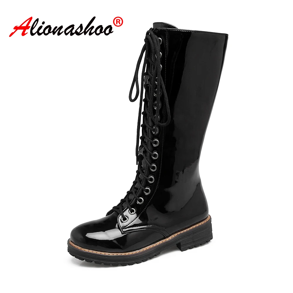 

Drop Ship PU Leather Women Long Boots Riding Casual Lace Up Autumn Winter Thigh High Loose Boots Botas Mujer Footwear 34-43