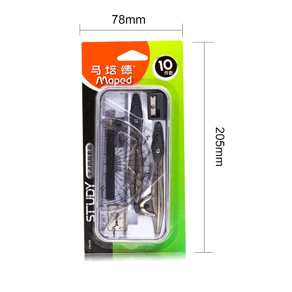 10Pcs/Set School Geometry Stationery Set Rulers/Metal Compasses/Protractor/Pencil/Sharpener/Lead Refills Student Compass Set