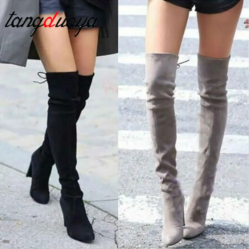 

Women boot Faux Suede Women Over The Knee Boots Lace Up Sexy High Heels Shoes Woman Female Slim Thigh High Boots Botas 35-43