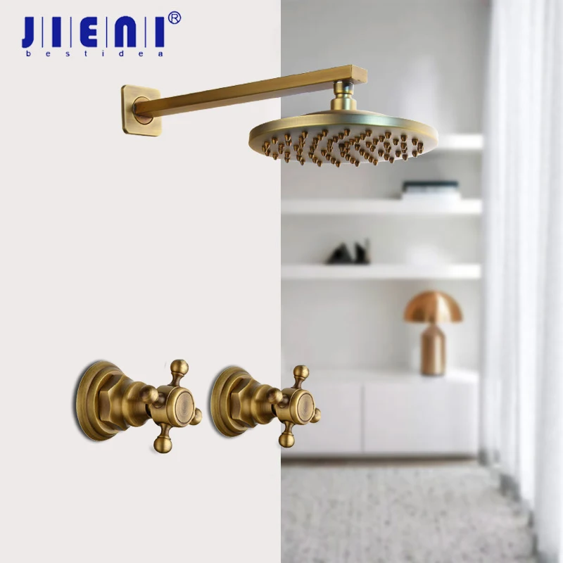 8 inch Antique Brass Round Wall Mounted Bathroom Rainfall Shower Faucet Set Head 2 Handles Shower Set Black ORB