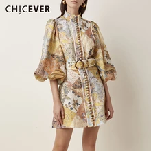 CHICEVER, винтажное платье с принтом для женщин, стоячий воротник, фонарь, длинный рукав, высокая талия, с поясом, платья для женщин, осень, модная новинка
