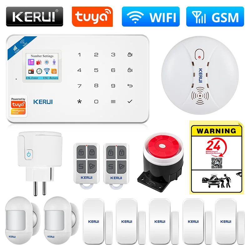 KERUI Tuya Smart WIFI GSM Security Alarm System Works With Alexa Home Burglar Motion Detector Smoke Door Window Sensor IP Camera elderly sos alarm Alarms & Sensors