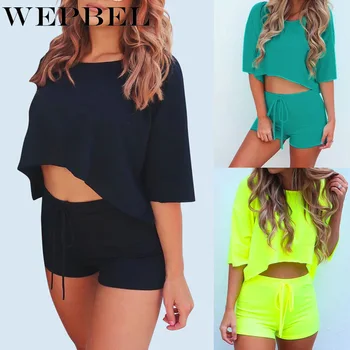 

WEPBEL Women Two-Piece Set Summer Round Neck Tops Loose Simple Solid Print Short-sleeved Solid Color Shorts Women Suit