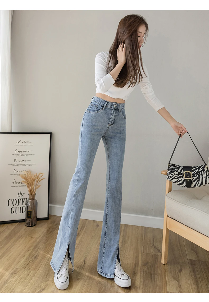 Black Jeans High-Waist Flared With Slit Design  Slimming Women Spring Fashion 90s Aesthetic Blue Denim Korean Fashion Trousers miss me jeans