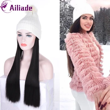 

AILIADE Fashion Long Straight And Curly Synthetic Hair Hat Wig Cotton Hat Berets Natural Connection Adjustable For Girl's Daily