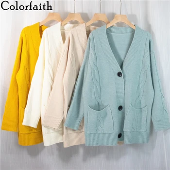 

Colorfaith New 2020 Autumn Winter Women's Sweaters V-Neck Buttons Cardigans Pockets Oversize Elegant Ladies Knitwears SWC1084