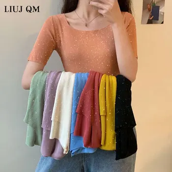 

Harajuku Shiny Ice Silk Short-sleeved Women's Summer Tops New Korean Bottoming Women Tops Slim Was Thin Sweater Shirt Women