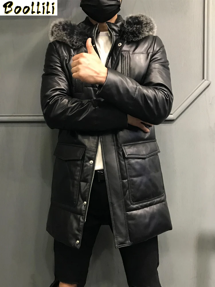 

Boollili Plus Size Mens Real Sheepskin Leather Jacket Winter Natural Fox Fur Collar Down Coat jaqueta de couro