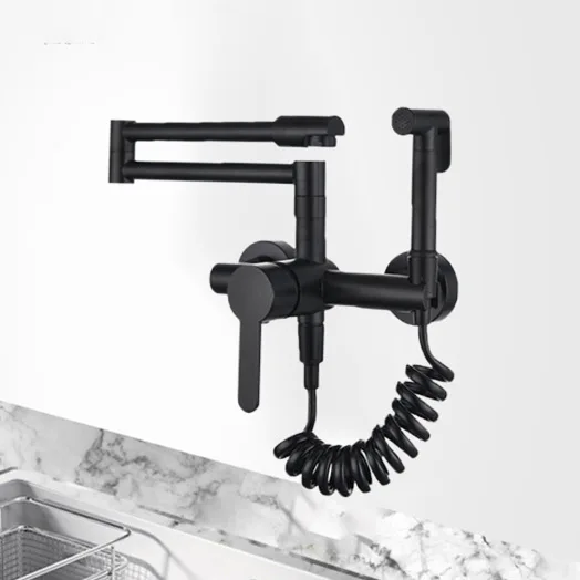 

Wall-mounted faucet hot and cold dual function folding black rotatable with spray gun high pressure water outlet kitchen faucet