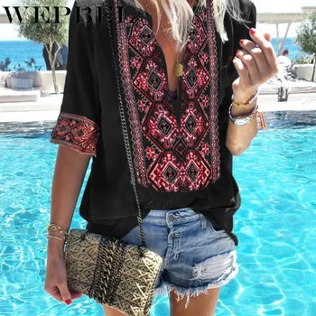 

WEPBEL Women Blouse Loose Summer Sexy Beach Fashion Half Sleeve Chiffon Bohemian Boho Casual Ladies Blouses