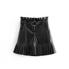 BONJEAN, Женская плиссированная юбка из искусственной кожи с поясом, модная облегающая Зимняя юбка с высокой талией, женские юбки Falda