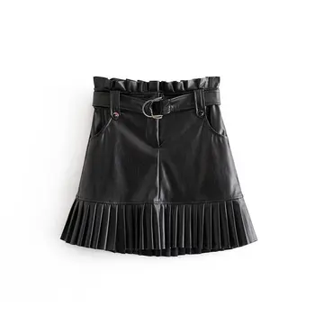 

BONJEAN Women's PU Leather Pleated Skirt With Belt Fashion High Waist Slim Winter Za Skirts Women Female Falda