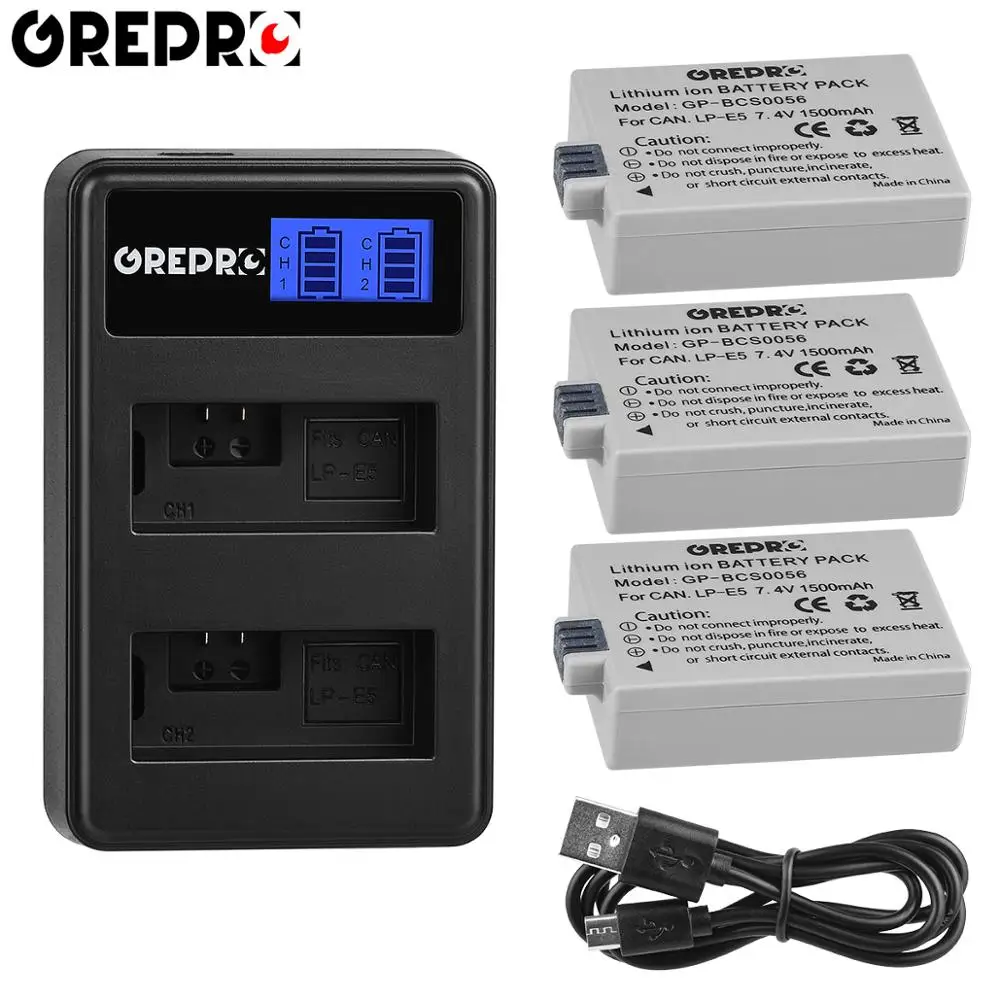 GREPRO 1500 мАч LPE5 LP-E5 LP E5 цифровой аккумулятор+ ЖК USB двойное зарядное устройство для Canon 1000D 500D 450D Kiss X2 X3 F Rebel XSi Xli XS - Color: 3B with charger