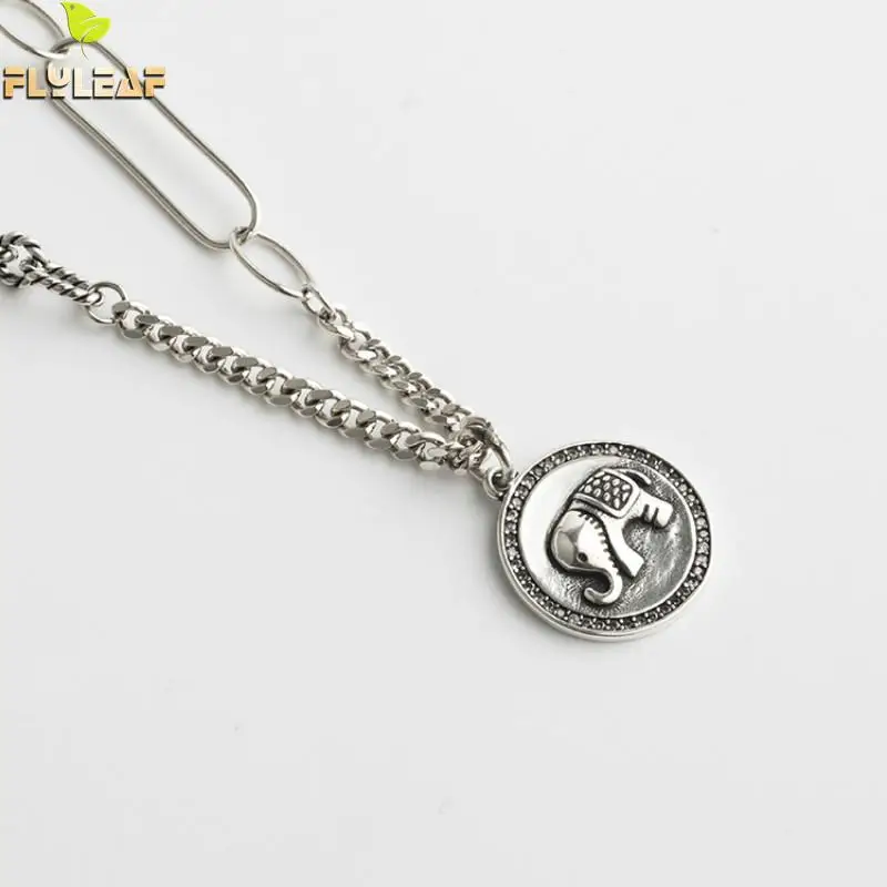 

Flyleaf Vintage Asymmetry Chain Round Elephant Necklaces & Pendants Real 925 Sterling Silver Necklace For Women Fine Jewelry
