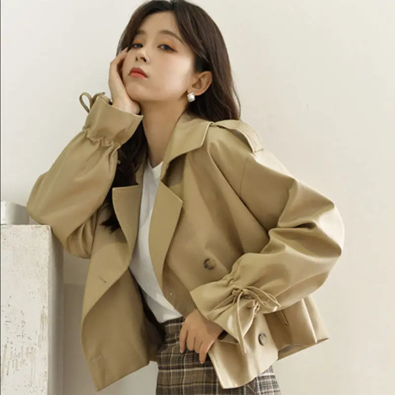 

Spring Autumn Chic Harajuku Short Trench Jacket For Women Streetwear Solid Color Loose Long Sleeve Jacket Ladies Outwear Top
